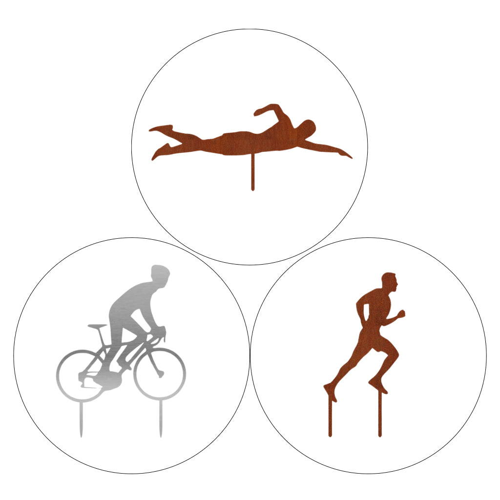 Gartenstecker-Set Triathlon Cortenstahl und Edelstahl, Darstellung von Radfahrer, Läufer und Schwimmer, fßr dynamische Gartendekoration.