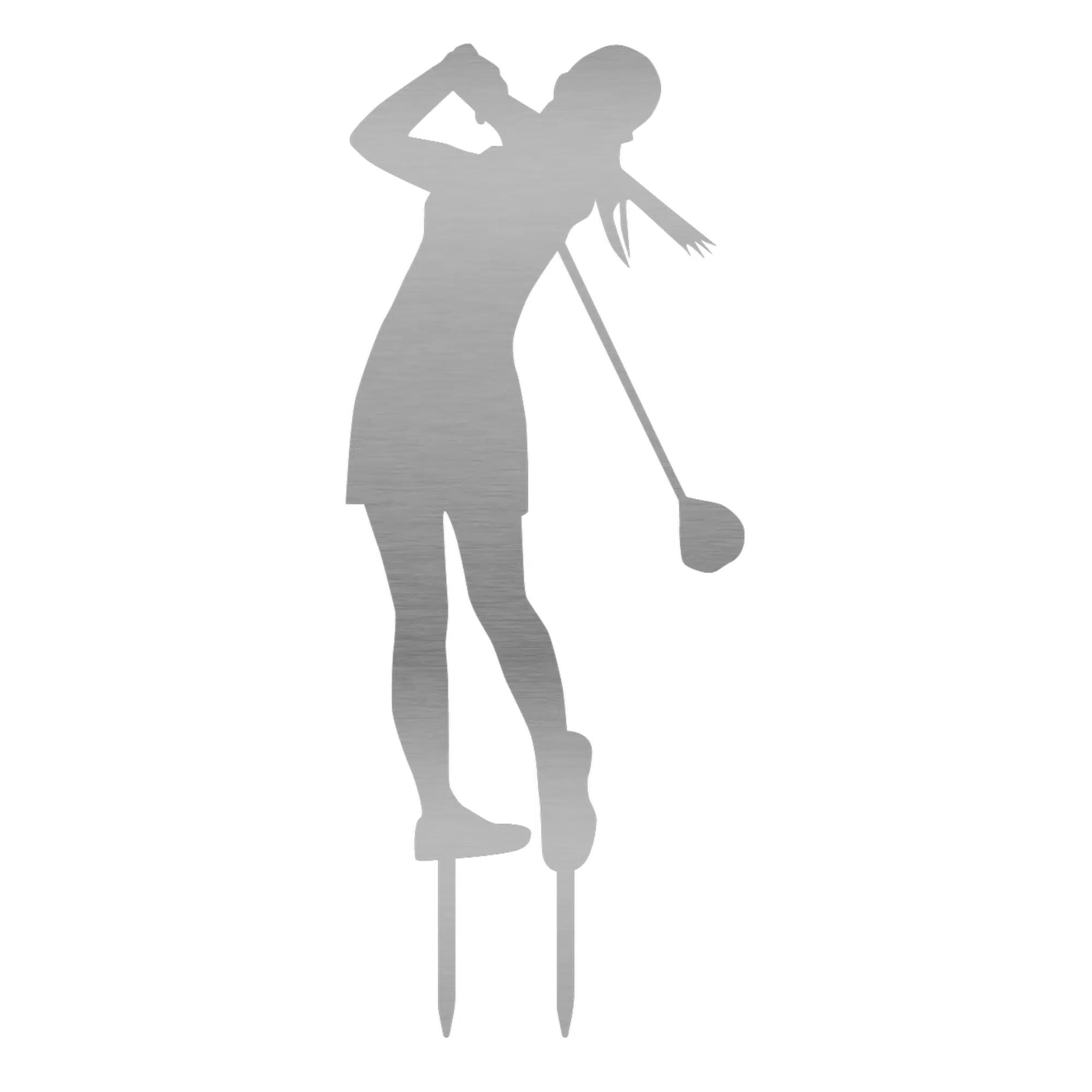 Gartenstecker "Golferin" in Silberoptik, stilisierte Golferin im Schwung, aus Edelstahl, wetterfest und langlebig, 60 x 23 cm.