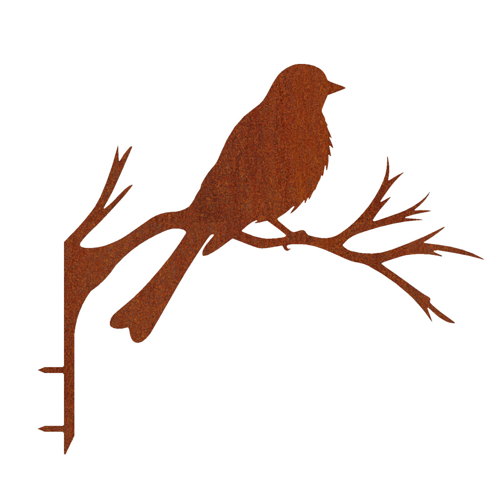 Baumstecker Spatz auf Ast aus Cortenstahl, Maße 36,3 x 39,1 cm, rustikales Design für den Garten.