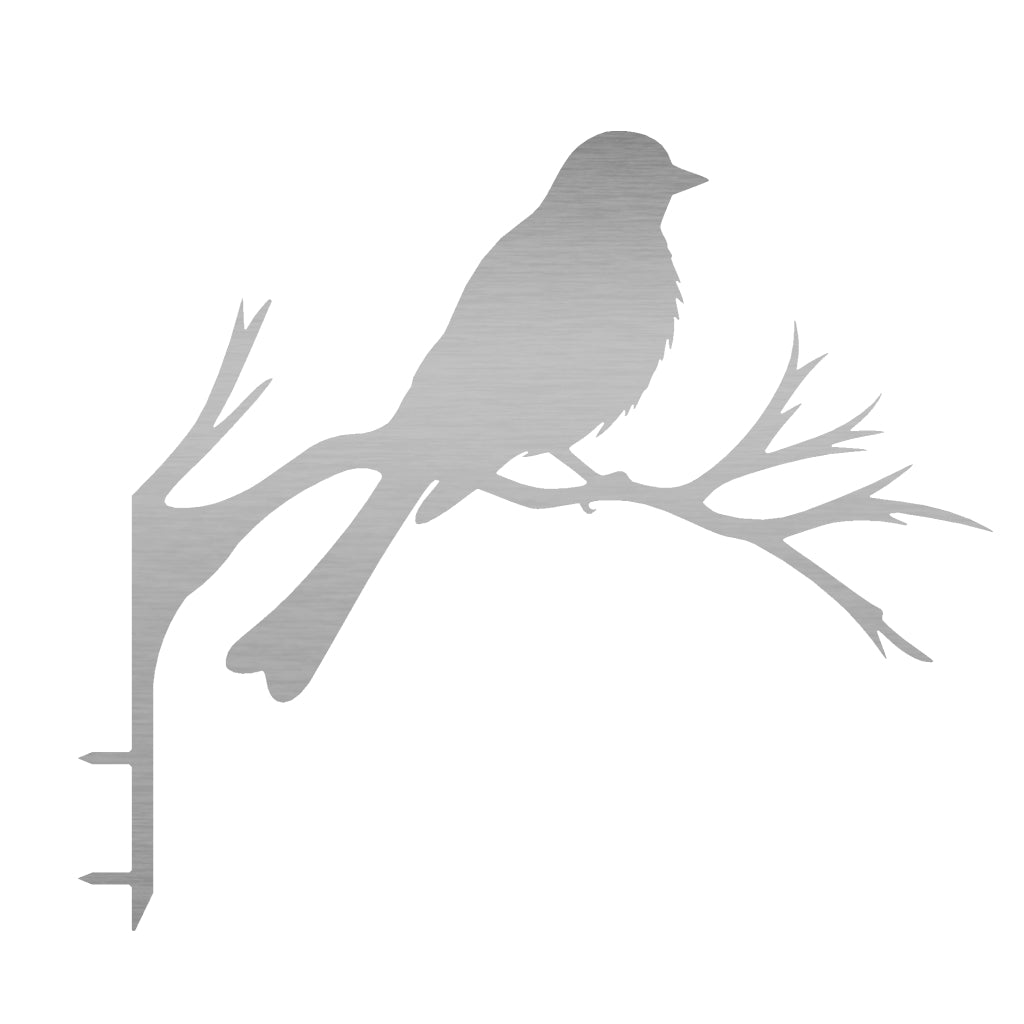 Baumstecker Spatz aus Edelstahl auf Ast, Maße 36,3 x 39,1 cm, Materialstärke 2 mm.