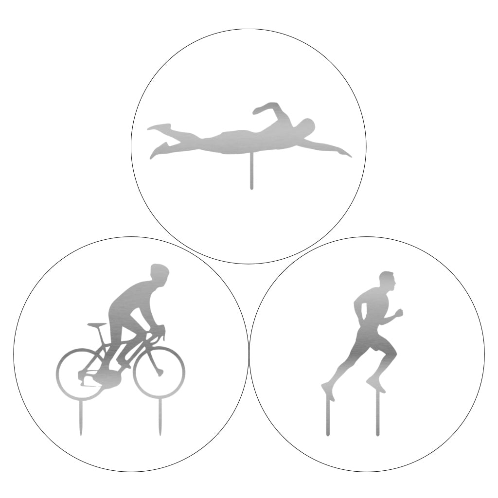 Produktbild des Gartenstecker-Sets Triathlon von Cofaro. Drei stilisierte Figuren: ein Schwimmer, ein Radfahrer und ein Läufer, angeordnet in einem Kreis. Verfßgbar in Cortenstahl mit Edelrost-Patina oder glänzendem Edelstahl.