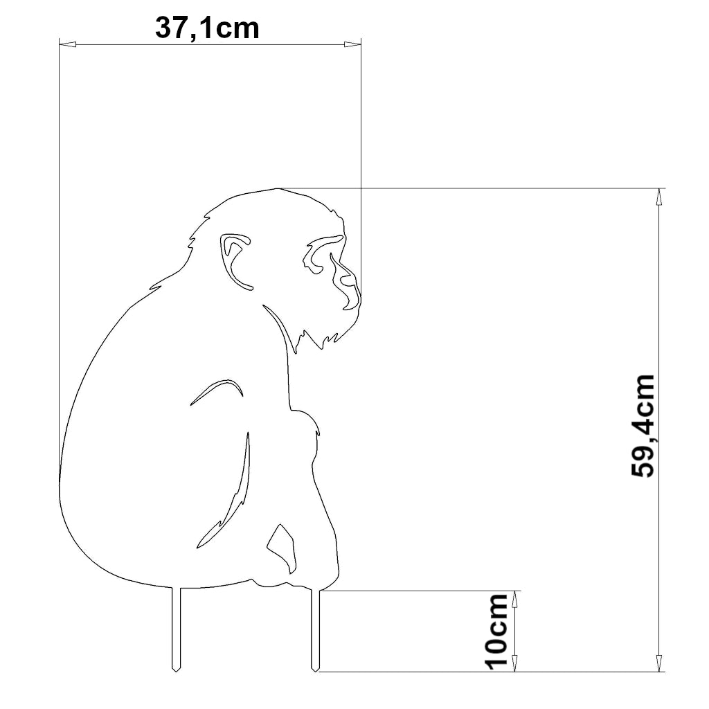 Gartenstecker Affe aus Cortenstahl und Edelstahl, Maße 59,4 x 37,1 cm, Materialstärke 2 mm, mit realistischem Design und verspielten Details, perfekt für eine lebhafte Gartenatmosphäre.