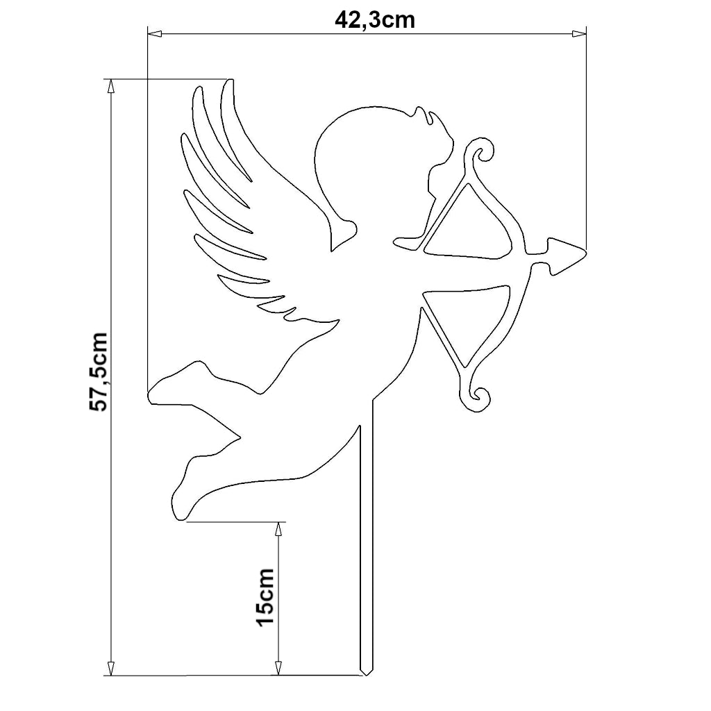 Schema des Gartensteckers Amor von Gartenzauber, der einen fliegenden Amor mit Bogen und Pfeil zeigt, Maße 57,5 x 42,3 cm.