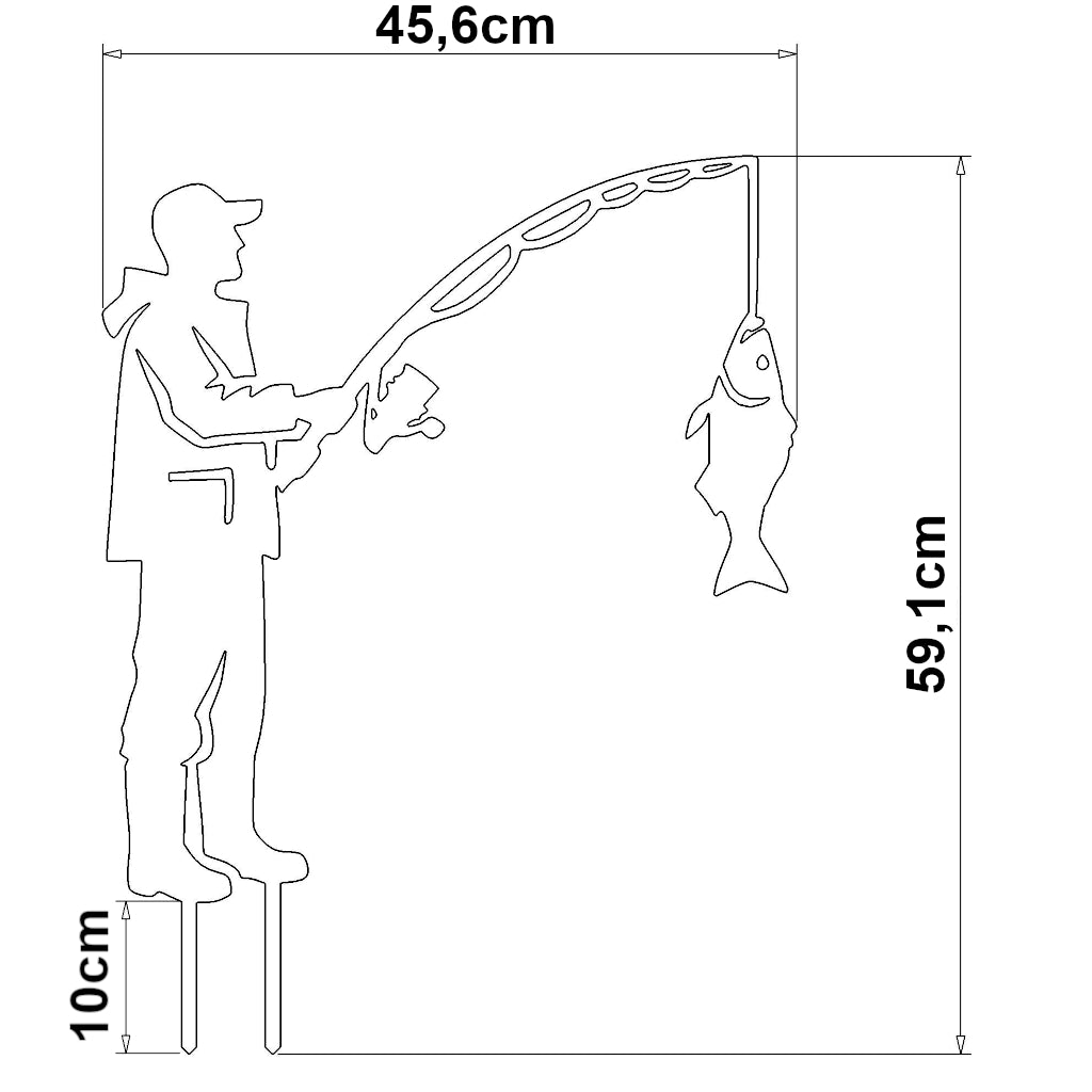 Gartenstecker Angler Silhouette mit gefangenen Fisch, 59,1 x 45,6 cm groß, aus Cortenstahl oder Edelstahl. Dekorative Figur für Garten, Teich oder Grünflächen, symbolisiert Ruhe und Entspannung beim Angeln.