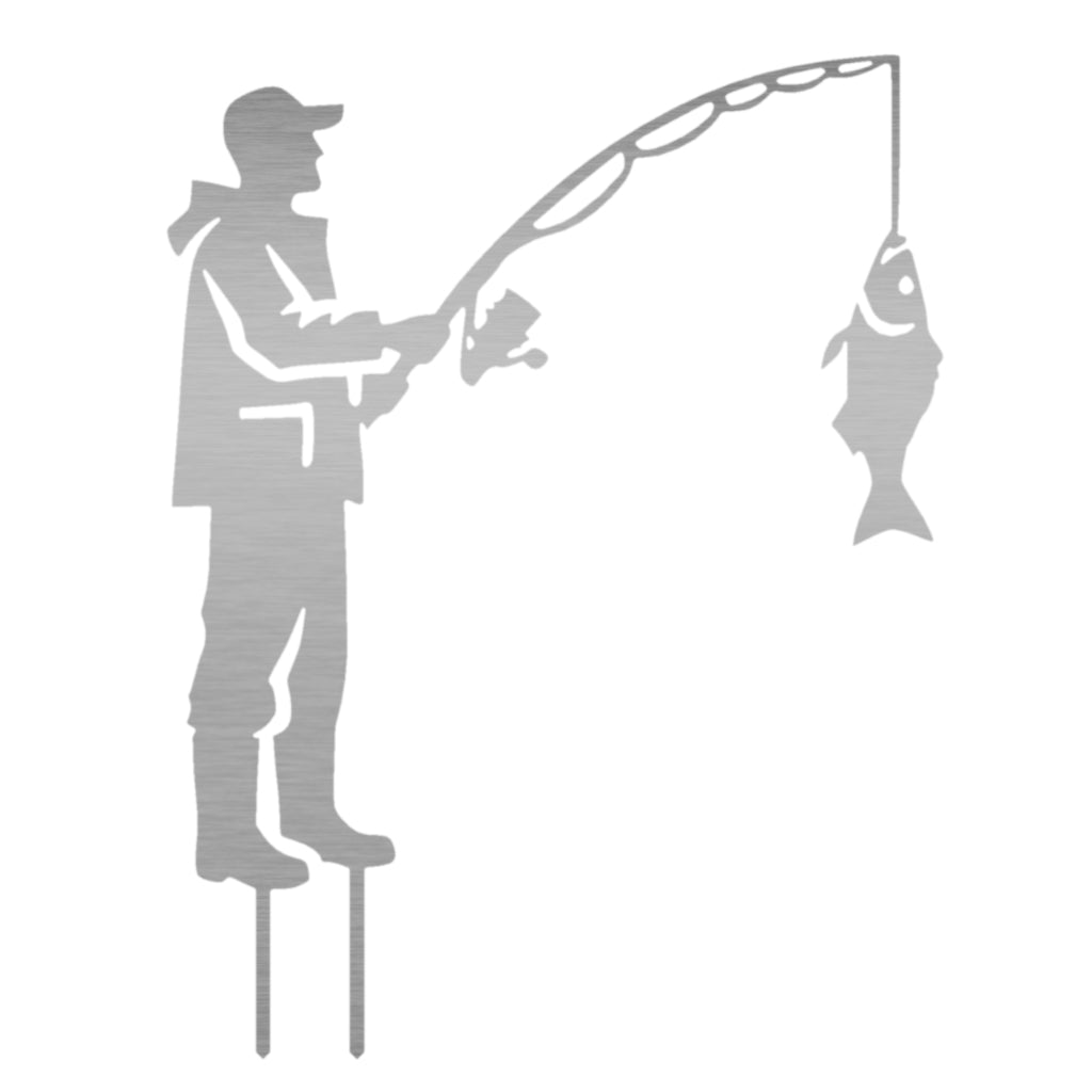 Gartenstecker Angler aus Metall, zeigt Silhouette eines Fischers mit Angelrute und gefangenem Fisch, rustikales Design für Gartendekoration