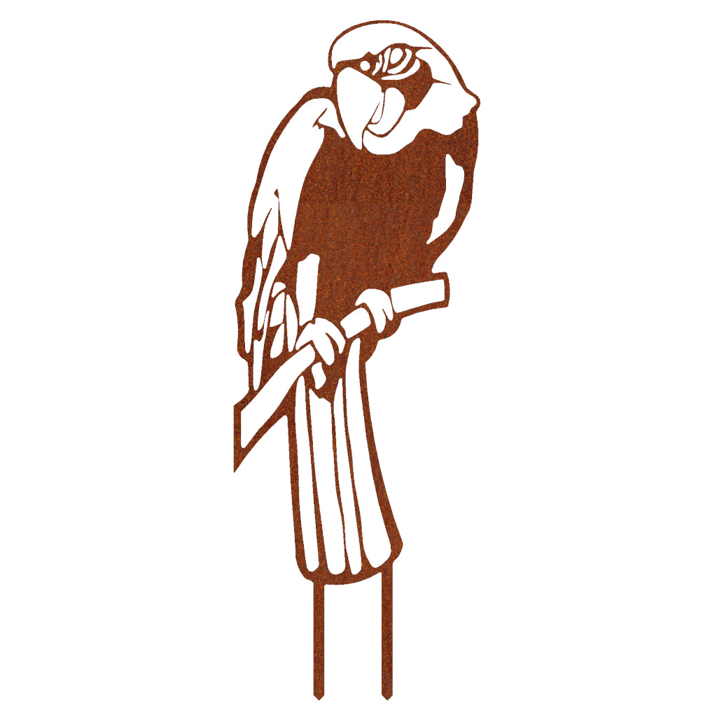 Gartenstecker Ara aus Cortenstahl, kunstvoll gestaltete Papageienfigur mit Edelrost-Optik, Maße 59 x 21,5 cm.