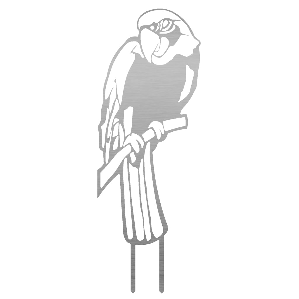 Gartenstecker Ara aus Edelstahl, kunstvoll gestaltet als Papageienfigur, 59 cm hoch und 21,5 cm breit inklusive Erdspieße.