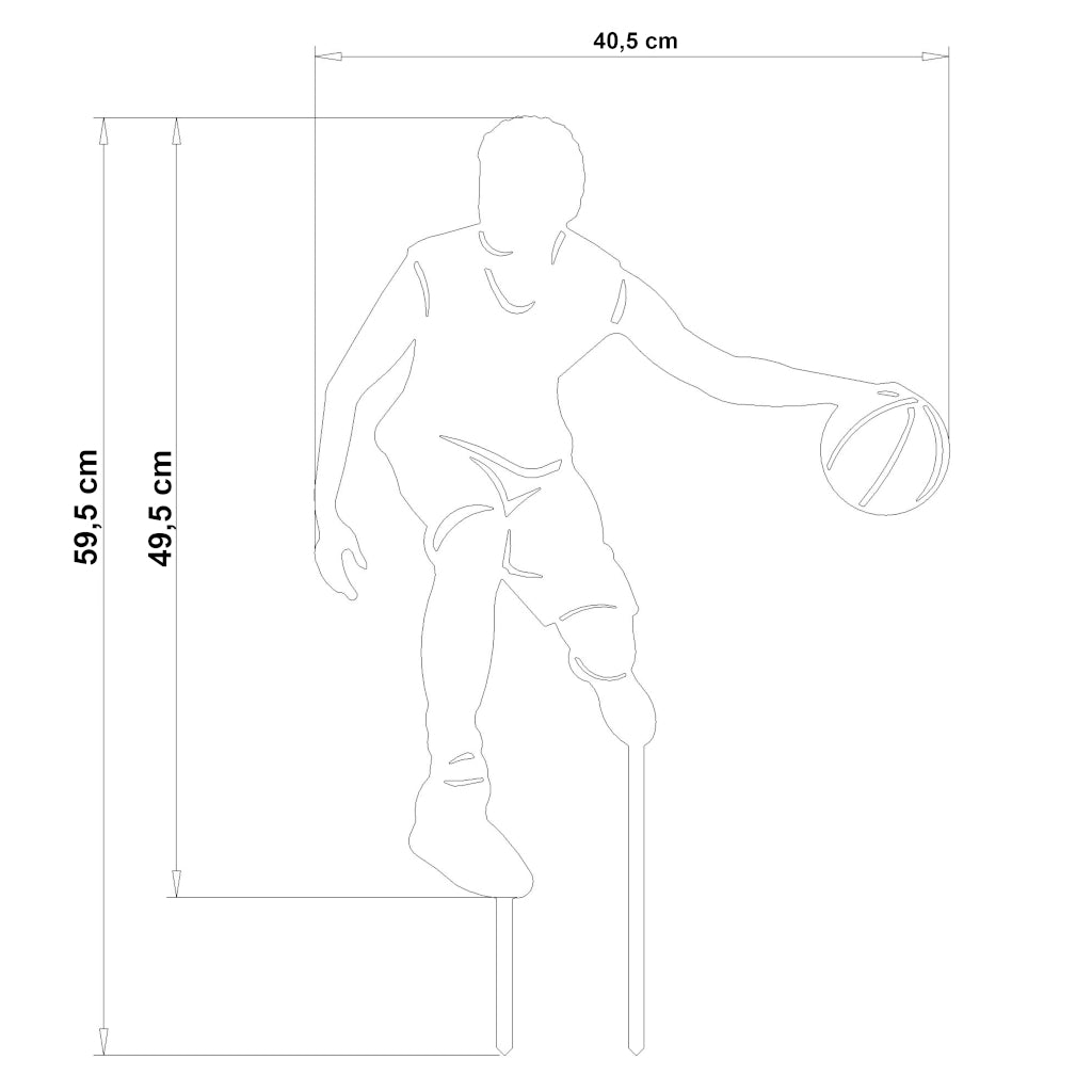Maßzeichnung des Gartenstecker Basketballers aus Cortenstahl oder Edelstahl, 59,5 x 40,5 cm, in dynamischer Spielpose.