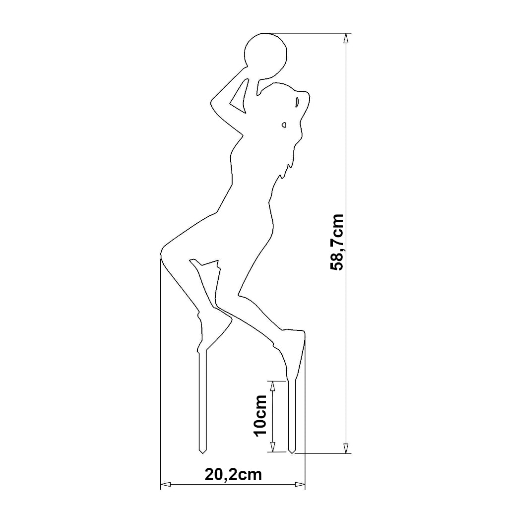 Maßzeichnung des Gartensteckers "Basketballerin" in voller Bewegung, Maße: 58,7 x 20,2 cm (HxB inkl. Erdspieße), Materialstärke: 2 mm, erhältlich in Cortenstahl (Edelrost) und Edelstahl, verleiht dem Garten Dynamik und sportliche Leidenschaft