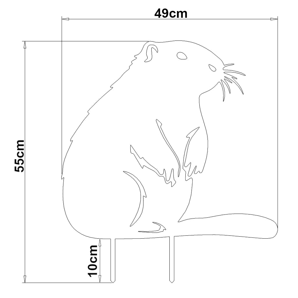 Gartenstecker Biber in den Maßen 55 x 49 cm, aus 2 mm dickem Cortenstahl oder Edelstahl, mit detaillierter und natürlicher Darstellung eines Bibers.
