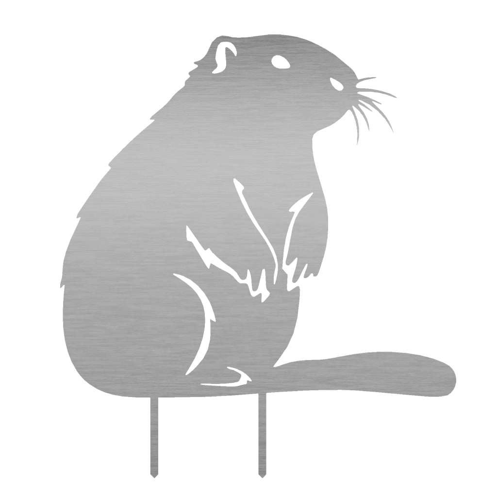 Gartenstecker Biber aus Edelstahl, stilvolle Gartendekoration von , Höhe 55 cm, Breite 49 cm, Materialstärke 2 mm, einseitig geschliffen mit Korn 240 für eine edle Note.