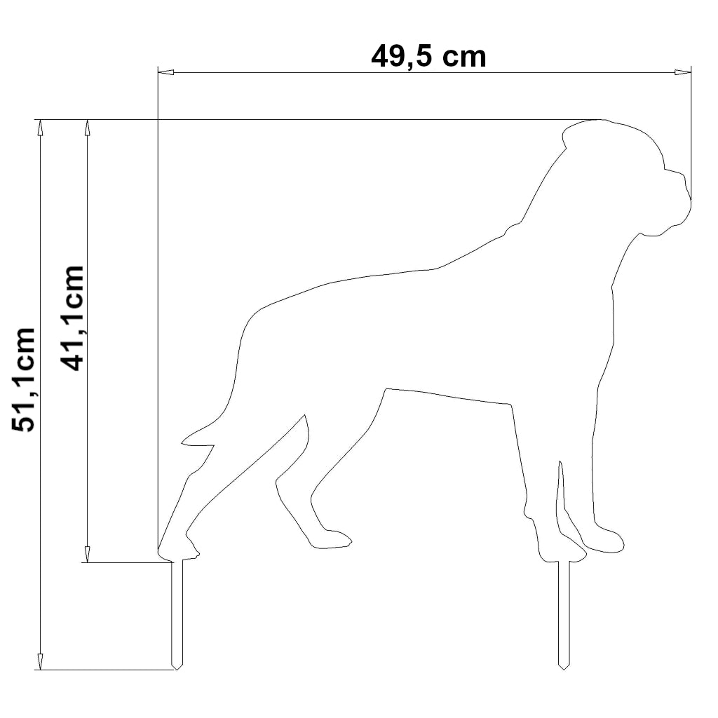 Maße des Gartensteckers "Boxer" mit einer Höhe von 51,1 cm und einer Breite von 49,5 cm, dargestellt als Silhouette eines Boxers.