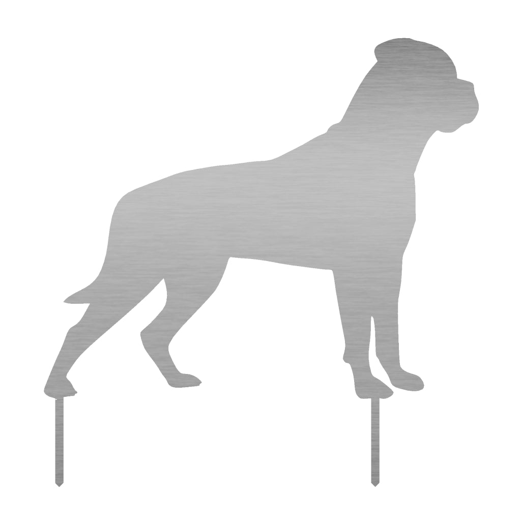 Gartenstecker Boxer aus Edelstahl mit muskulösem Körper und aufmerksamen Blick