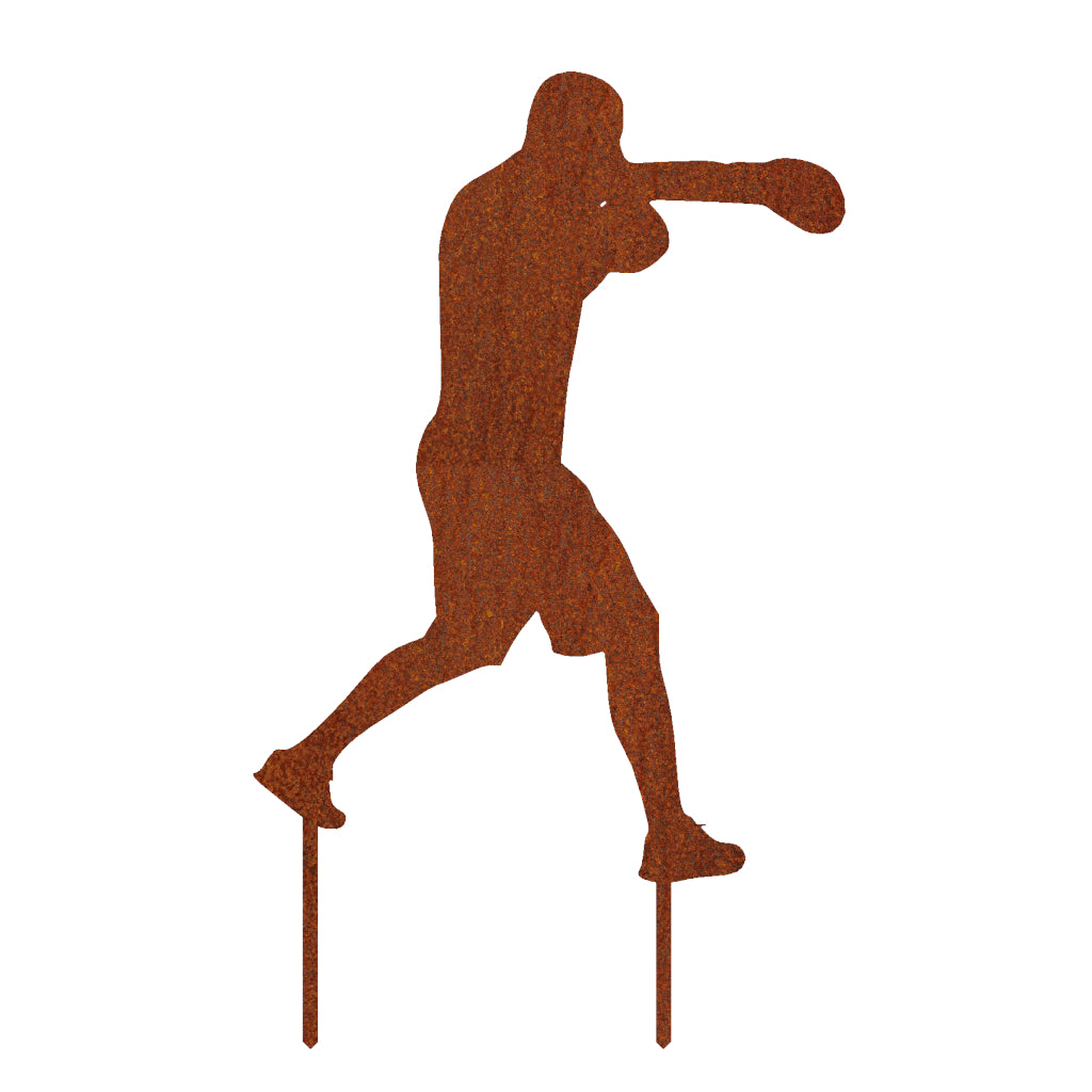 Gartenstecker Boxkämpfer aus Cortenstahl, dargestellt bei einem dynamischen Boxhieb, symbolisiert Kraft und Ausdauer, perfekte Dekoration für den Garten.