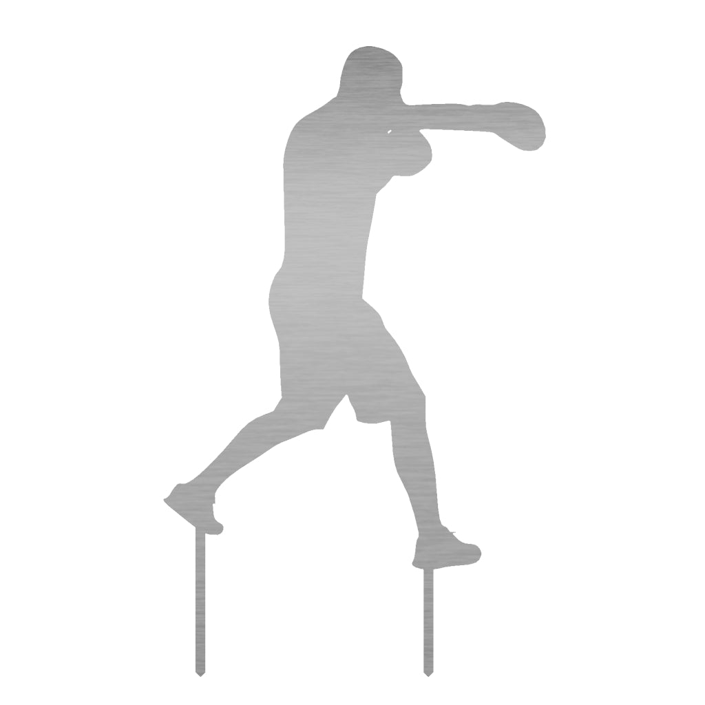 Gartenstecker Boxkämpfer aus Edelstahl, dynamische Boxer-Pose, 58,6 x 35,5 cm, Materialstärke 2 mm, Gartendekoration, sportlicher Blickfang, Stärke und Ausdauer symbolisierend, elegant geschliffen.