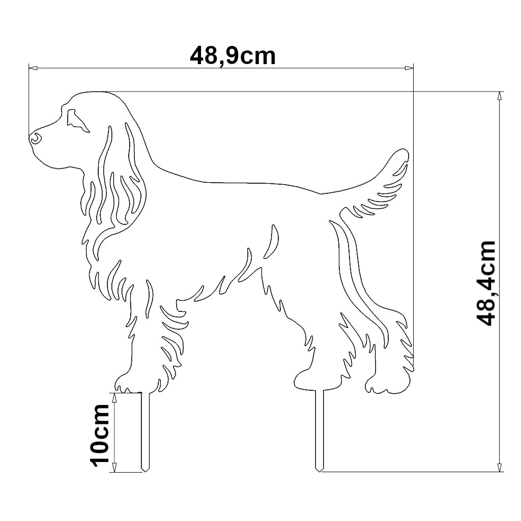 Gartenstecker Cocker Spaniel, stilisierte Seitenansicht, 48,9 cm breit, 48,4 cm hoch, mit 10 cm Erdspießen. Detaillierte Umrisszeichnung zeigt charakteristische Merkmale wie lange Ohren und buschigen Schwanz.