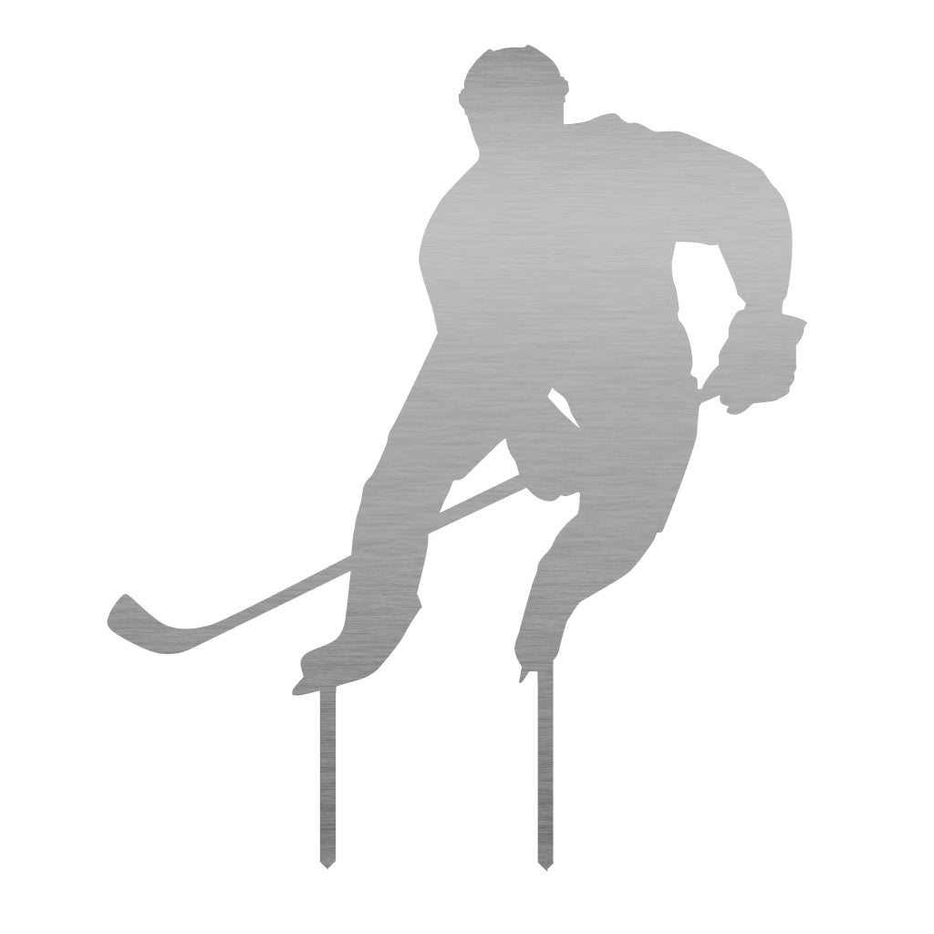 Gartenstecker Eishockeyspieler aus Edelstahl, silhouette eines Eishockeyspielers in Aktion, Abmessungen 55,5 x 49,5 cm, VerfĂźgbar bei Shopify.
