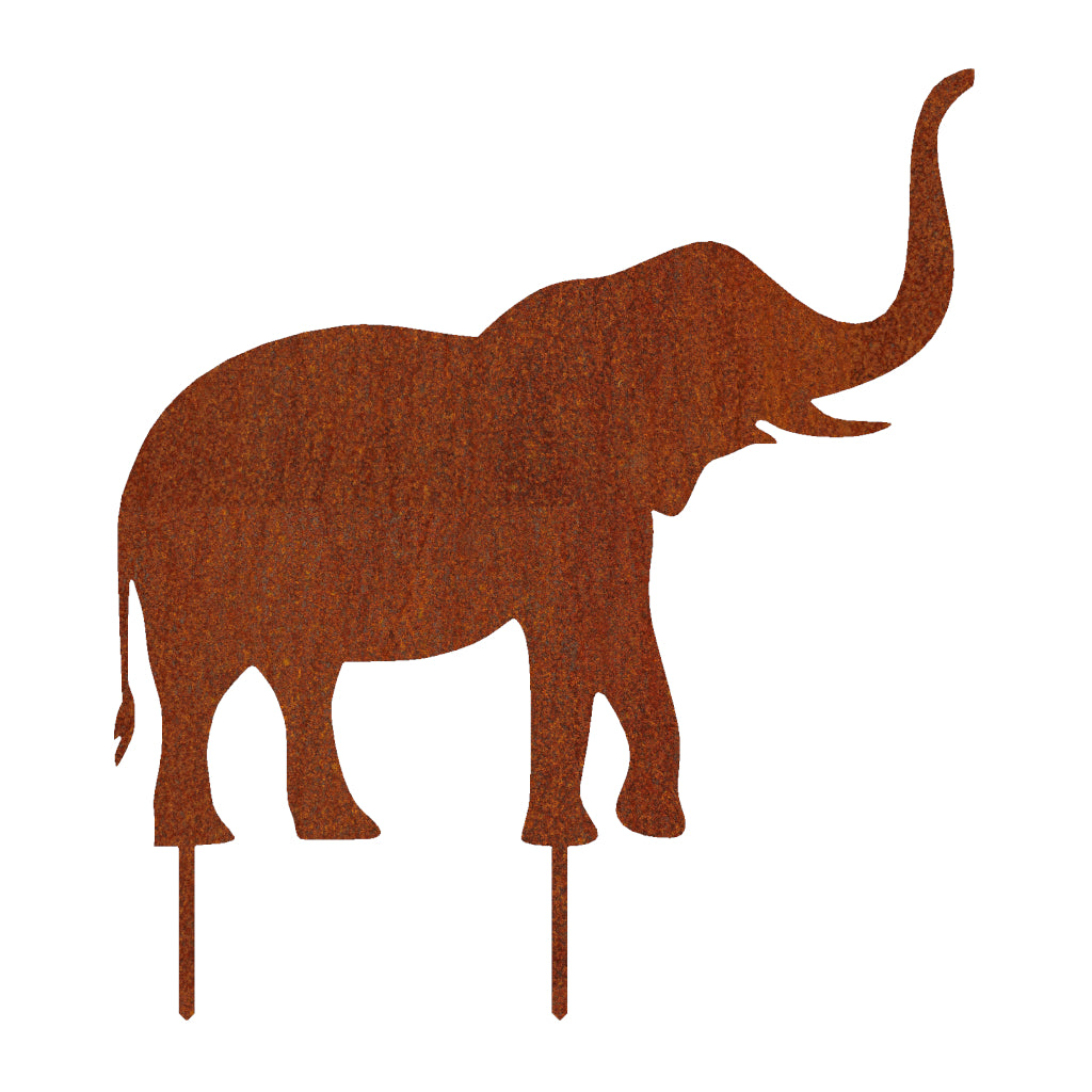 Gartenstecker Elefant aus Cortenstahl mit rostiger Patina, Abmessungen 54,6 x 49,3 cm inklusive Erdspieße, in edler und zeitloser Optik, ideal als Dekoration für Blumenbeete und schattige Plätze im Garten.