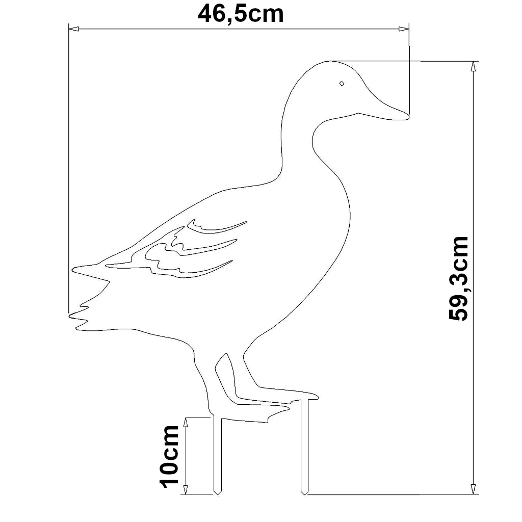 Produktbild des Gartensteckers "Ente" von Gartenstecker24, Maße 59,3 cm x 46,5 cm, mit einer Materialstärke von 2 mm, erhältlich in Cortenstahl und Edelstahl.
