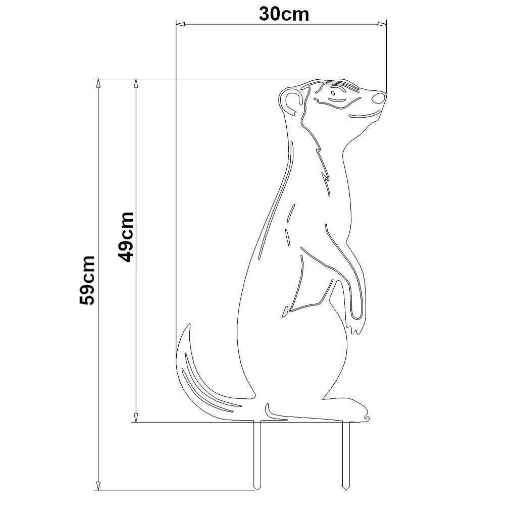 Technische Zeichnung eines Gartensteckers in ErdmĂ€nnchen-Form mit MaĂangaben: 59 cm Höhe, 30 cm Breite, 49 cm Körperhöhe. Stilisierte Darstellung des aufrecht stehenden ErdmĂ€nnchens mit charakteristischen Merkmalen wie spitzer Schnauze und langem Schwanz.
