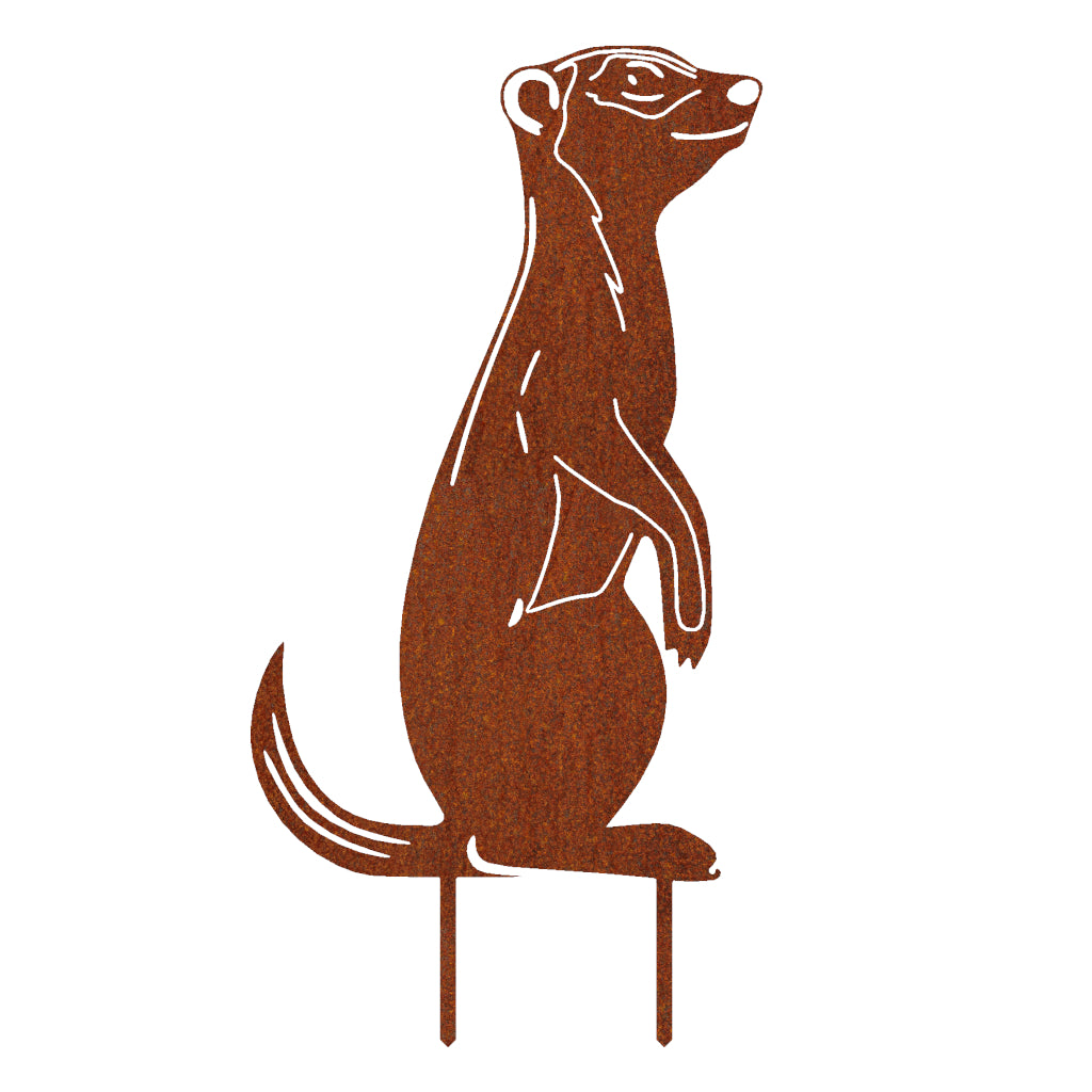 Gartenstecker ErdmĂ€nnchen aus Cortenstahl in charakteristischer aufrechter Pose, rostbraune Silhouette mit feinen Details, dekorativer Gartenschmuck fĂŒr Beete und Rasen, 59 x 30 cm gross