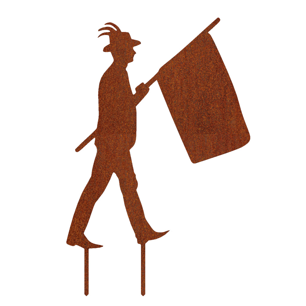 Gartenstecker Fahnenträger Schützenfest aus Cortenstahl mit rostiger Patina, traditionelles und festliches Dekorationselement.