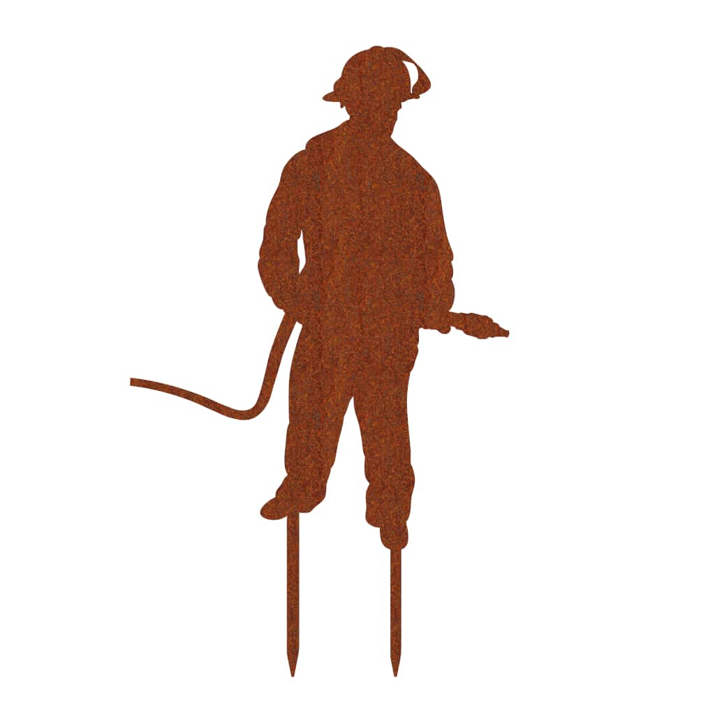 Gartenstecker Feuerwehrmann aus Cortenstahl mit Edelrost-Patina, 60 x 38 cm, wetterfest und langlebig, ideal fĂŒr individuelle Gartengestaltung.