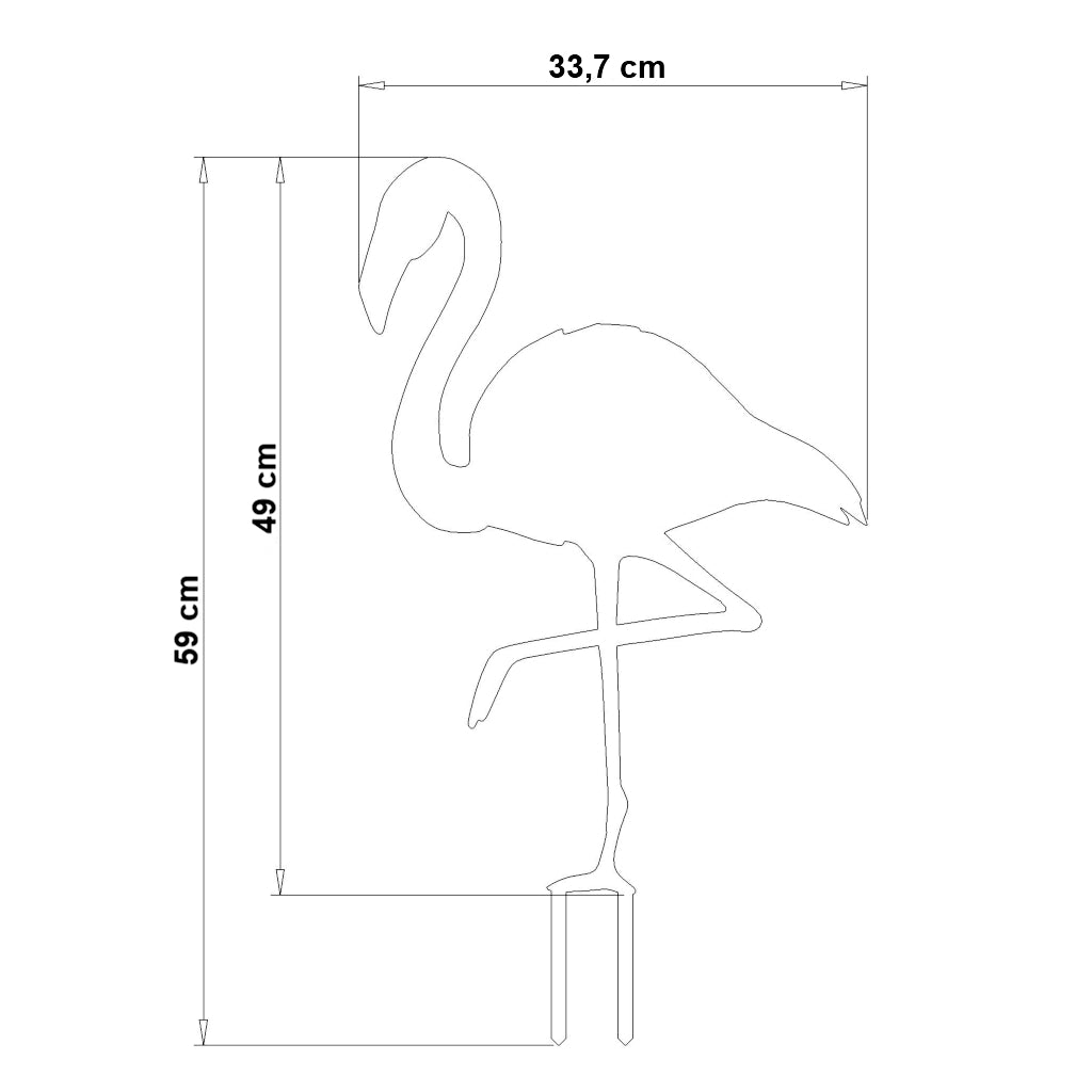 Abbildung der Maße des Gartensteckers Flamingo (59 x 33,7 cm), erhältlich in Cortenstahl (Edelrost) und Edelstahl, von GartenShop.