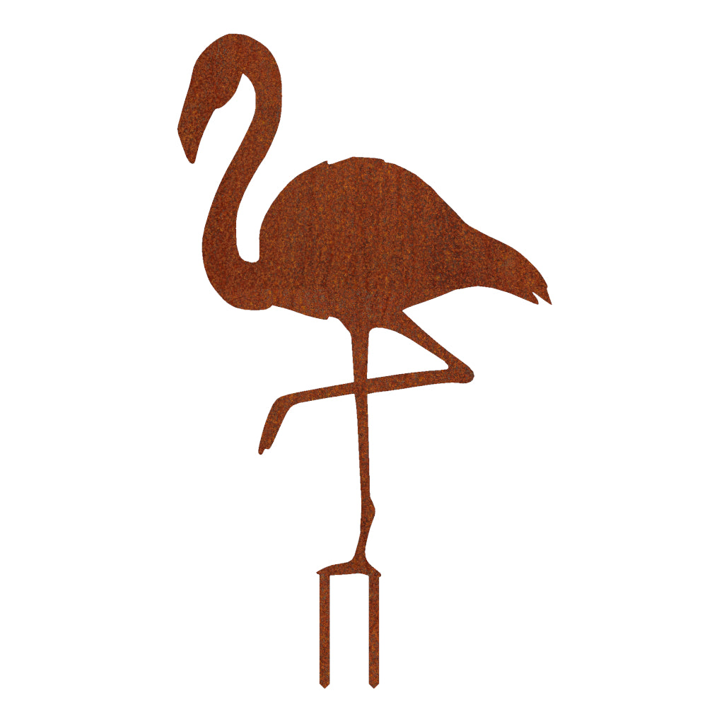 Gartenstecker Flamingo aus Cortenstahl mit Erdspießen, 59 x 33,7 cm, Anmut und tropisches Flair für den Garten.