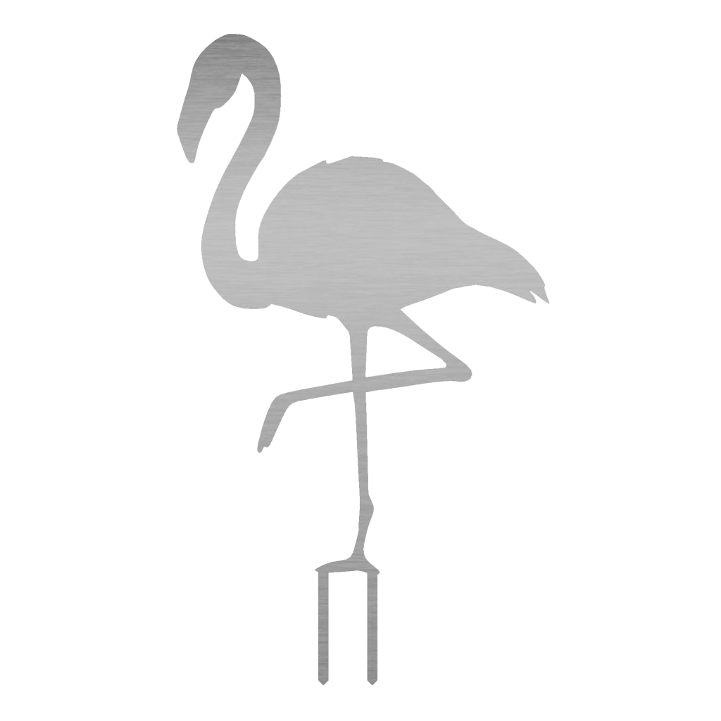 Metall Gartenstecker Flamingo mit erhobenem Bein in Edelstahl, hochwertige Gartendekoration von Markenname.