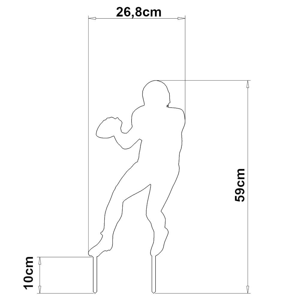 Maßzeichnung des Gartenstecker Footballer mit einer Höhe von 59 cm, einer Breite von 26,8 cm und einer Erdspießtiefe von 10 cm.