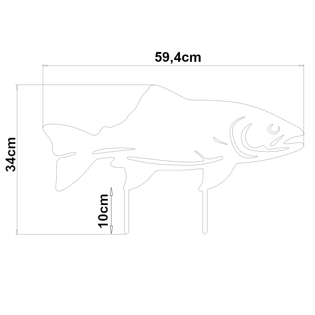 Gartenstecker Forelle aus Edelstahl und Cortenstahl in realistischem Fischdesign, Maße 34x59,4cm, Materialstärke 2mm, mit Erdspießen.