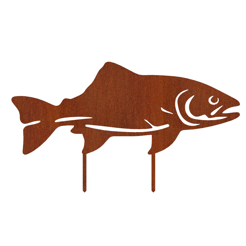 Gartenstecker Forelle aus Cortenstahl mit realistischem Fisch-Design, Materialstärke 2 mm, Maße 34 x 59,4 cm. Ideal zur Verschönerung des Gartens und zur Schaffung einer natürlichen Atmosphäre.