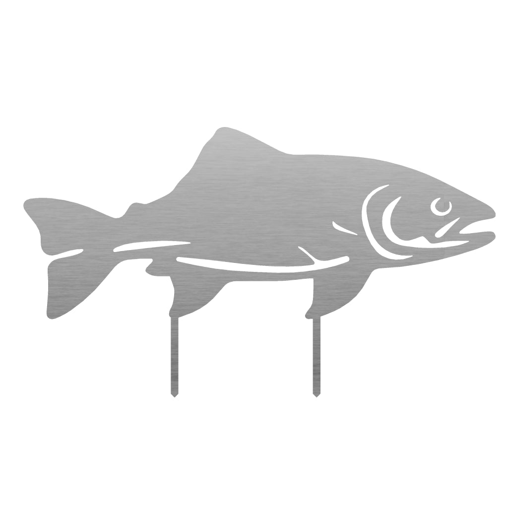 Gartenstecker Forelle aus Edelstahl mit naturgetreuem Design und eleganten Details, hergestellt für Gartenliebhaber und Naturliebhaber.