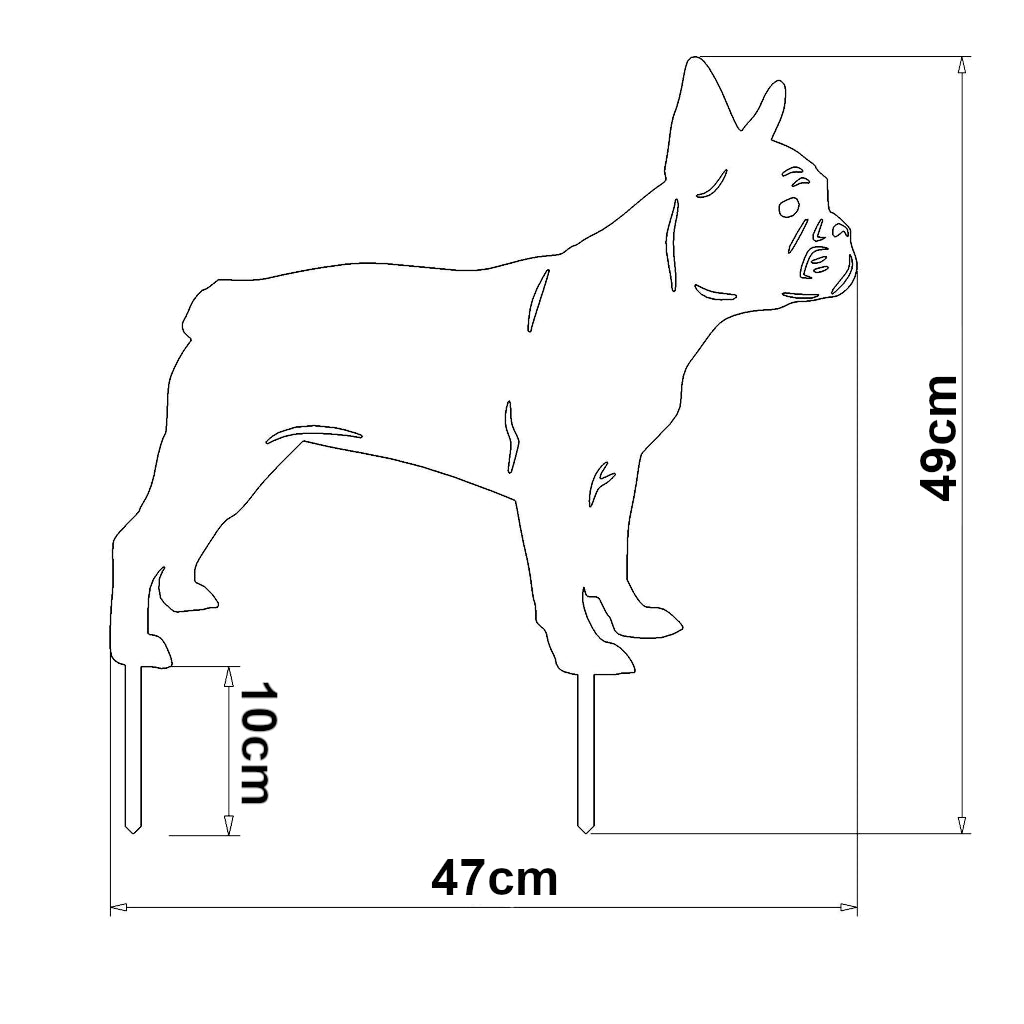 Abbildung von Gartenstecker Französische Bulldogge mit den Maßen 49 x 47 cm, bestehend aus 2 mm starkem Material, verfügbar in Cortenstahl und Edelstahl, zeigt die charakteristische Form der Hunderasse.