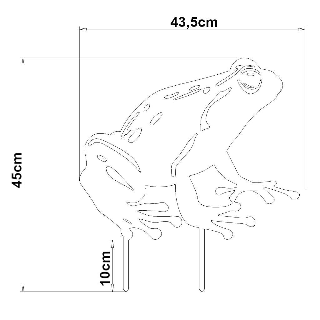 Detaillierte Illustration des Gartenstecker Frosch von , mit den Maßen 45 x 43,5 cm, aus Cortenstahl oder Edelstahl, zeigt einen Frosch in natürlicher Pose, ideal für die Gartengestaltung.