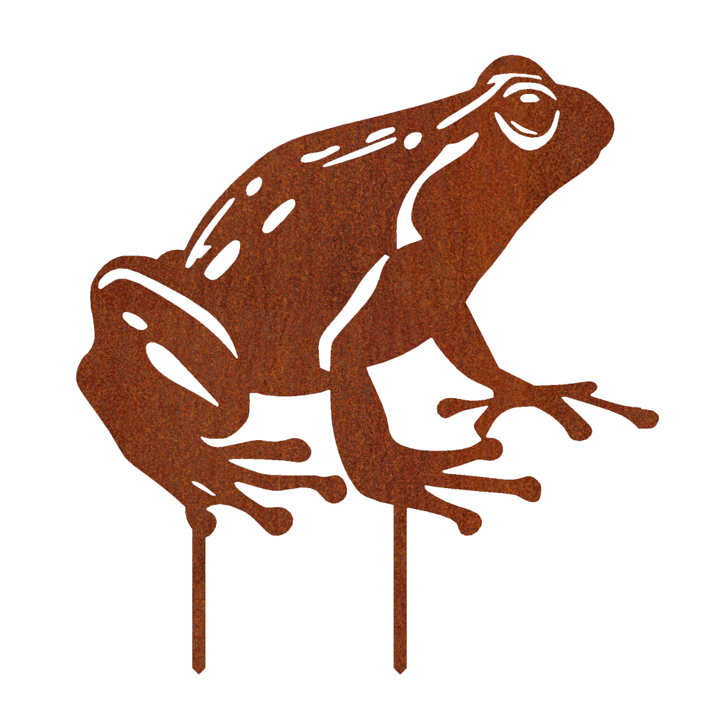 Gartenstecker Frosch aus Cortenstahl, detailreich gestaltet in natürlicher Pose, für lebendige und charmante Gartenatmosphäre.