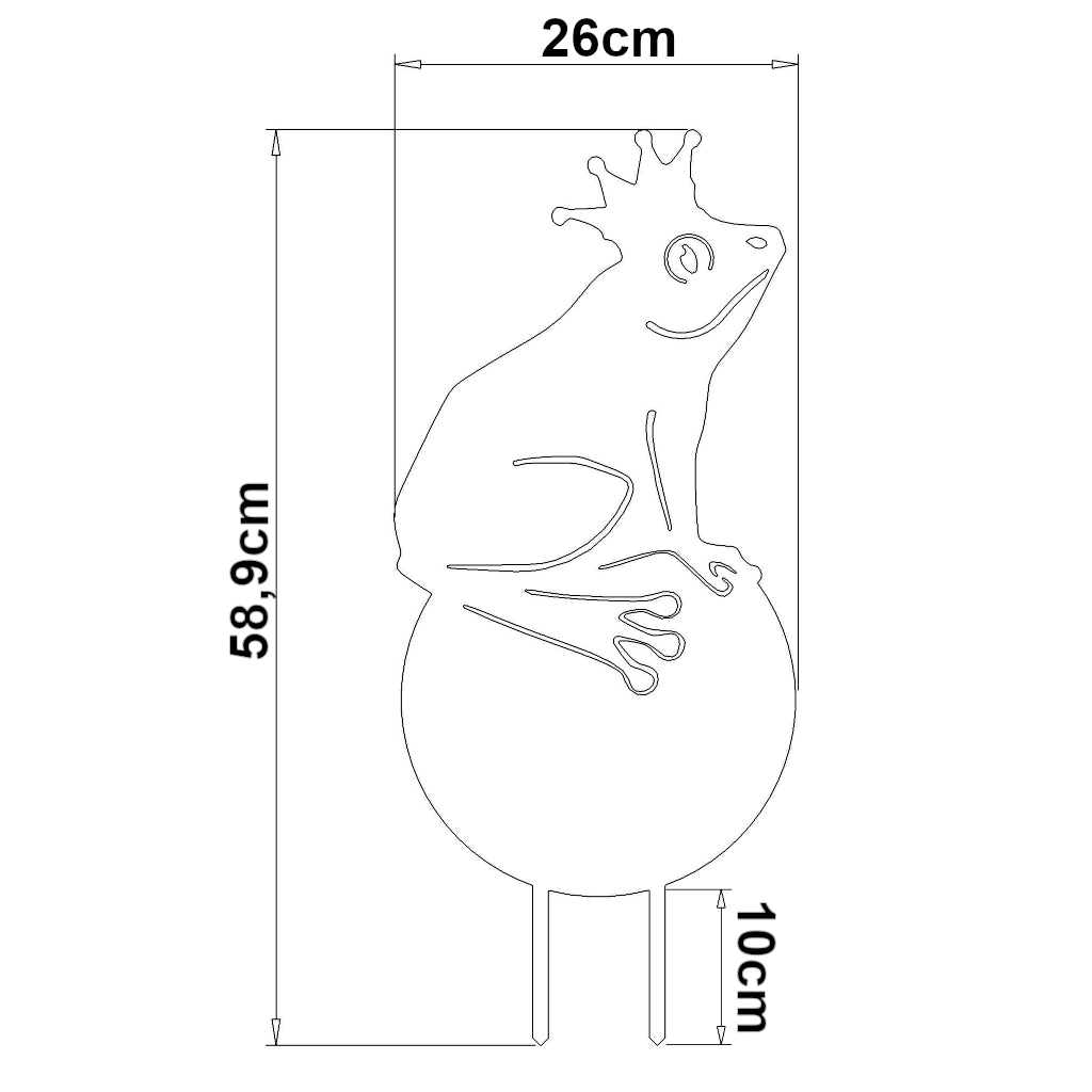 Bemaßte Zeichnung eines Gartensteckers mit dem Motiv eines Froschkönigs auf einer Kugel sitzend