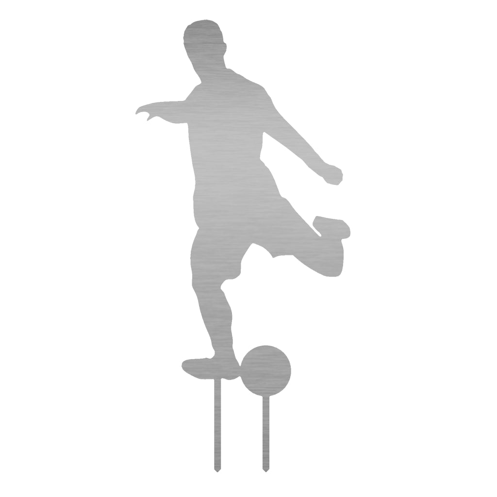 Gartenstecker Fußballer V2 aus Edelstahl, in dynamischer Fußballerbewegung mit angedeutetem Fußball, Maße 59,6 x 28,3 cm, Materialstärke 2 mm, erhältlich bei Sportsense und GartenEleganz.