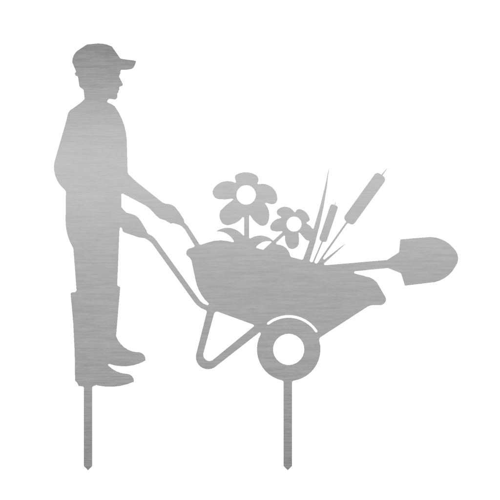 Metall-Gartenstecker in Form eines GĂ€rtners mit Schubkarre, verfĂŒgbare Materialien: Cortenstahl und Edelstahl.