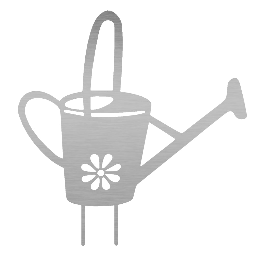 Edelstahl-Gartenstecker in Form einer Gießkanne von 57,6 x 56,1 cm mit einer Materialstärke von 2 mm, verfügbar bei Shopify.