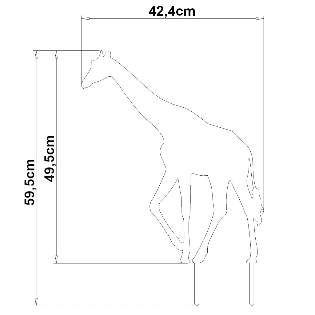 Abmessungen des Gartenstecker Giraffe mit einer Höhe von 59,5 cm und einer Breite von 42,4 cm, verfügbar in Cortenstahl und Edelstahl.