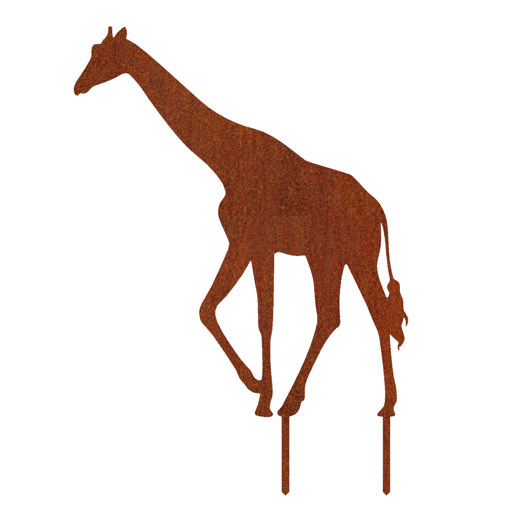 Gartenstecker Giraffe aus Cortenstahl, detailgetreu und elegant, für eine exotische Wildnis-Atmosphäre im Garten.