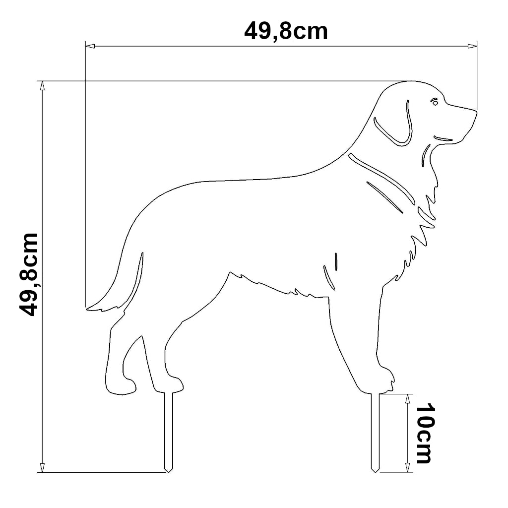 Gartenstecker Golden Retriever aus Cortenstahl oder Edelstahl mit den Maßen 49,8 x 49,8 cm, dargestellt mit detaillierten Konturen der Hunderasse, inklusive zwei Erdspießen à 10 cm.