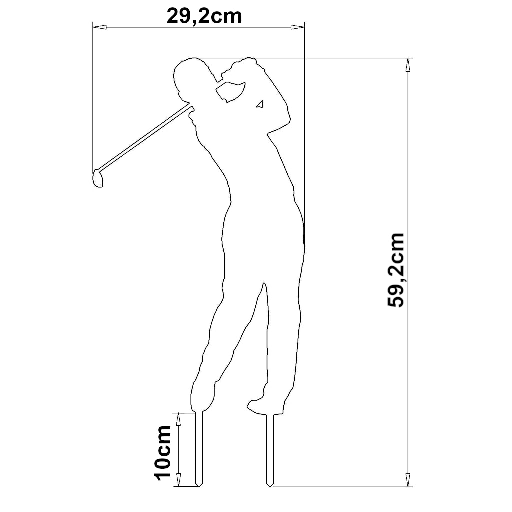 Abmessungen und Umriss des Gartensteckers "Golfer" von an der Wand, 59,2 cm hoch und 29,2 cm breit mit Erdspießen in 10 cm Länge für den Garten.