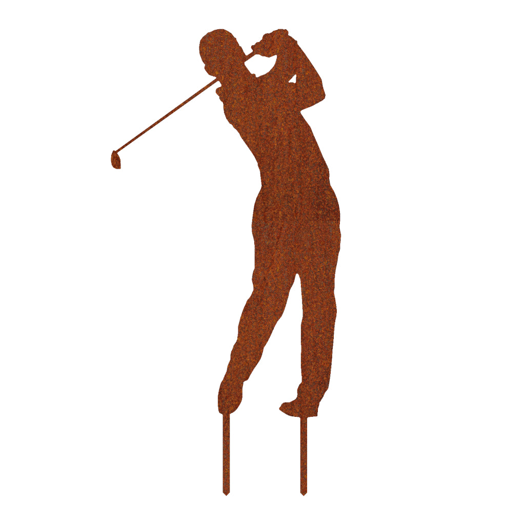 Gartenstecker Golfer aus Cortenstahl in Silhouette eines Golfspielers beim Abschlag