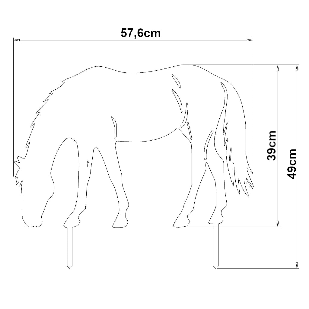Gartenstecker aus Stahl in Form eines grasenden Pferdes, Maße: 57,6 cm Breite, 39 cm Höhe.