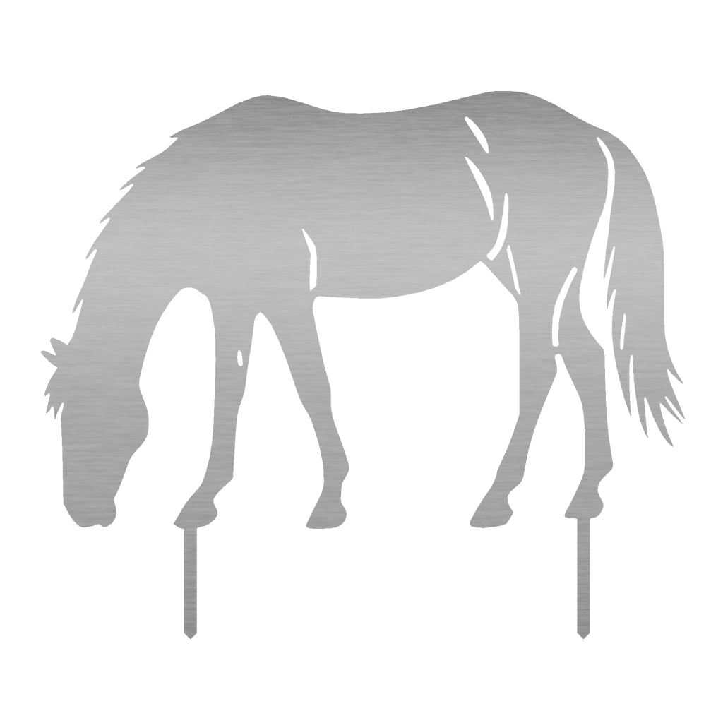 Eleganter Gartenstecker aus Edelstahl in Form eines grasenden Pferdes für Gartendeko.