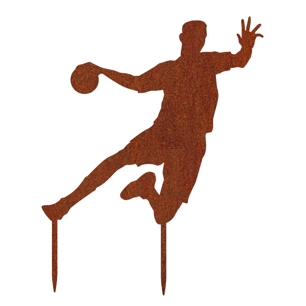 Silhouette eines Handballspielers als Gartenstecker aus Cortenstahl mit Edelrost-Patina, Höhe 58 cm und Breite 34,5 cm inklusive Erdspieße, Materialstärke 2 mm.