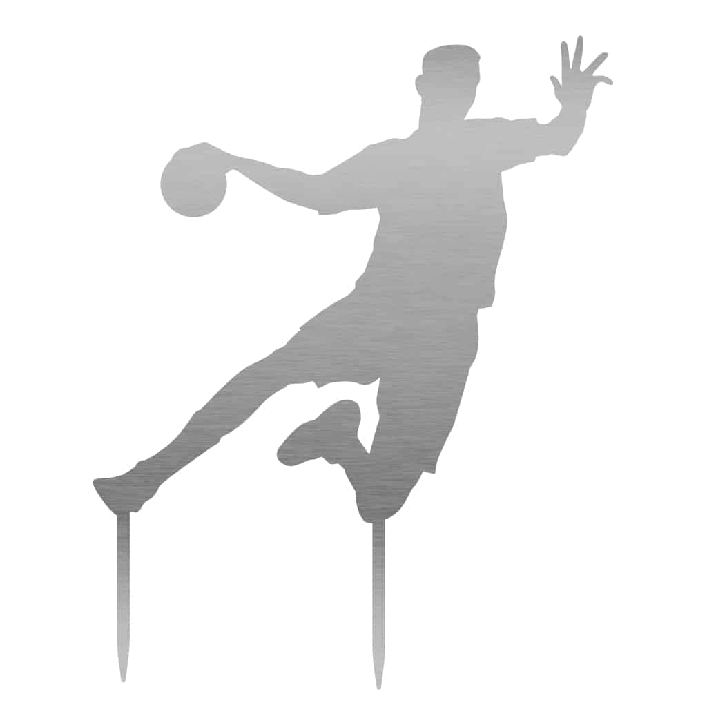 Edelstahl-Gartenstecker in Form eines Handballspielers in dynamischer Wurfpose, zeitlose Eleganz für den Garten, Höhe 58 cm, Breite 34,5 cm, Materialstärke 2 mm, wetterfest und modern von der Marke Shopify.